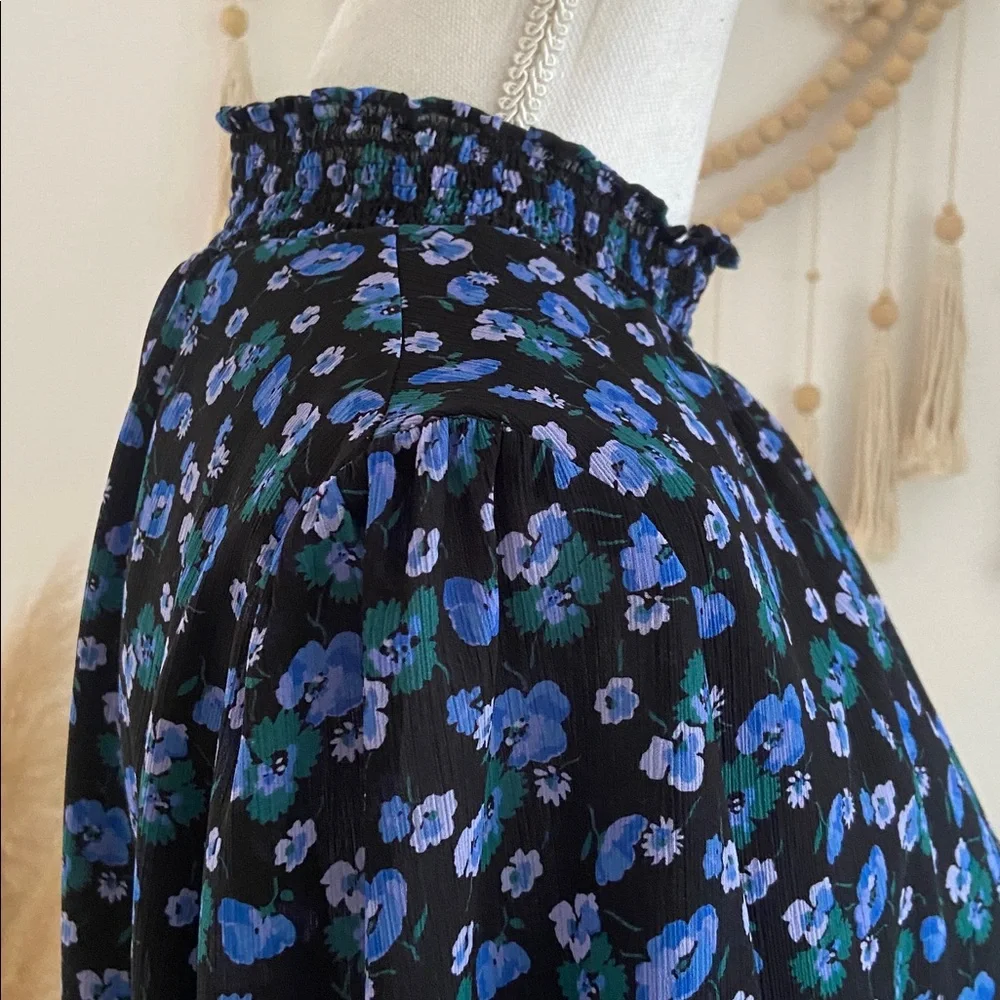J. Crew mock neck smocked blouse top black & blue floral print crepe spring M